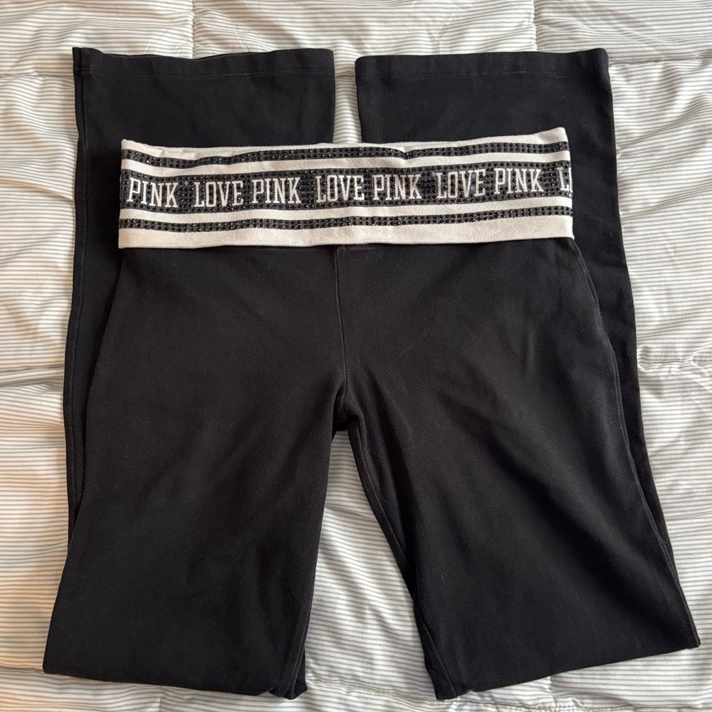 VS PINK Low Rise Black and White Bedazzled Sparkly Foldover Flare Yoga Pants S